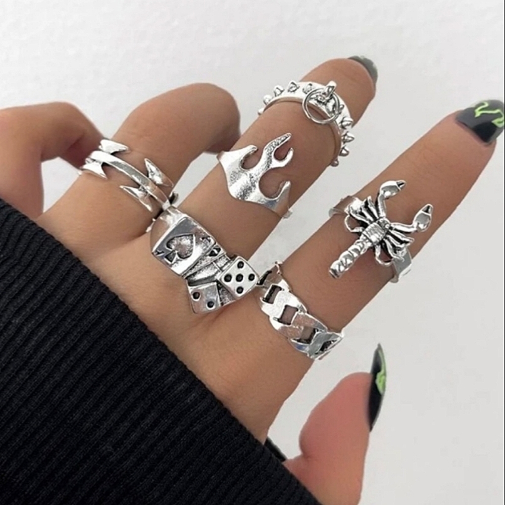 Punk Rock Lucky Dice Silver Scorpion Flame Ring Set of 6